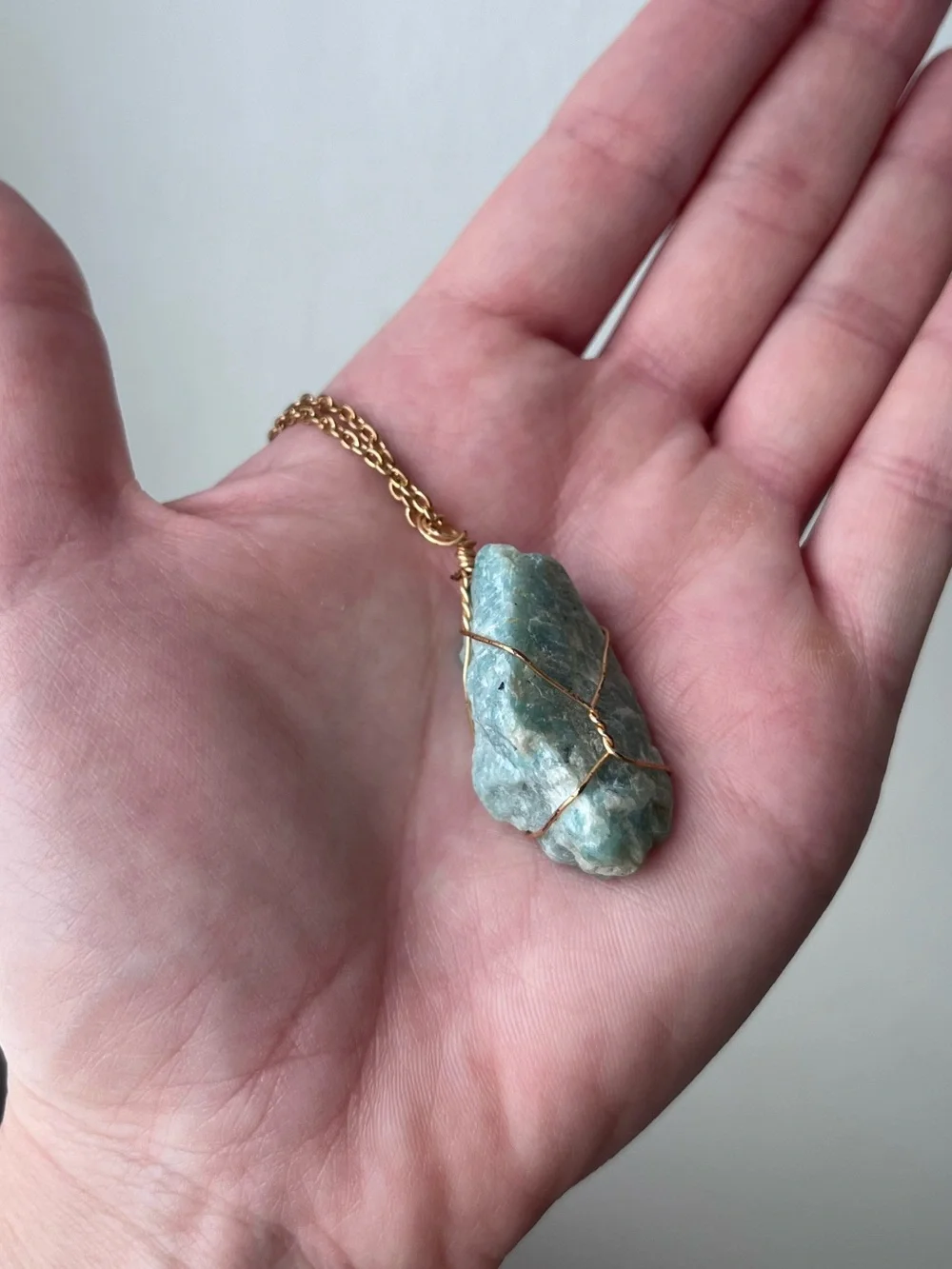AMAZONITE raw cute natural wire wrapped stone pendant necklace on gold chain NEW